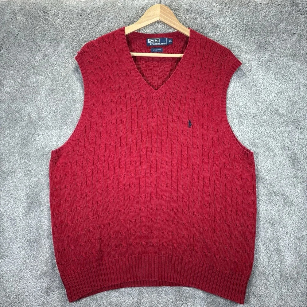 Vintage Polo Ralph Lauren Sweater Vest Mens XL Red Cable Knit‎ V Neck Preppy 90s